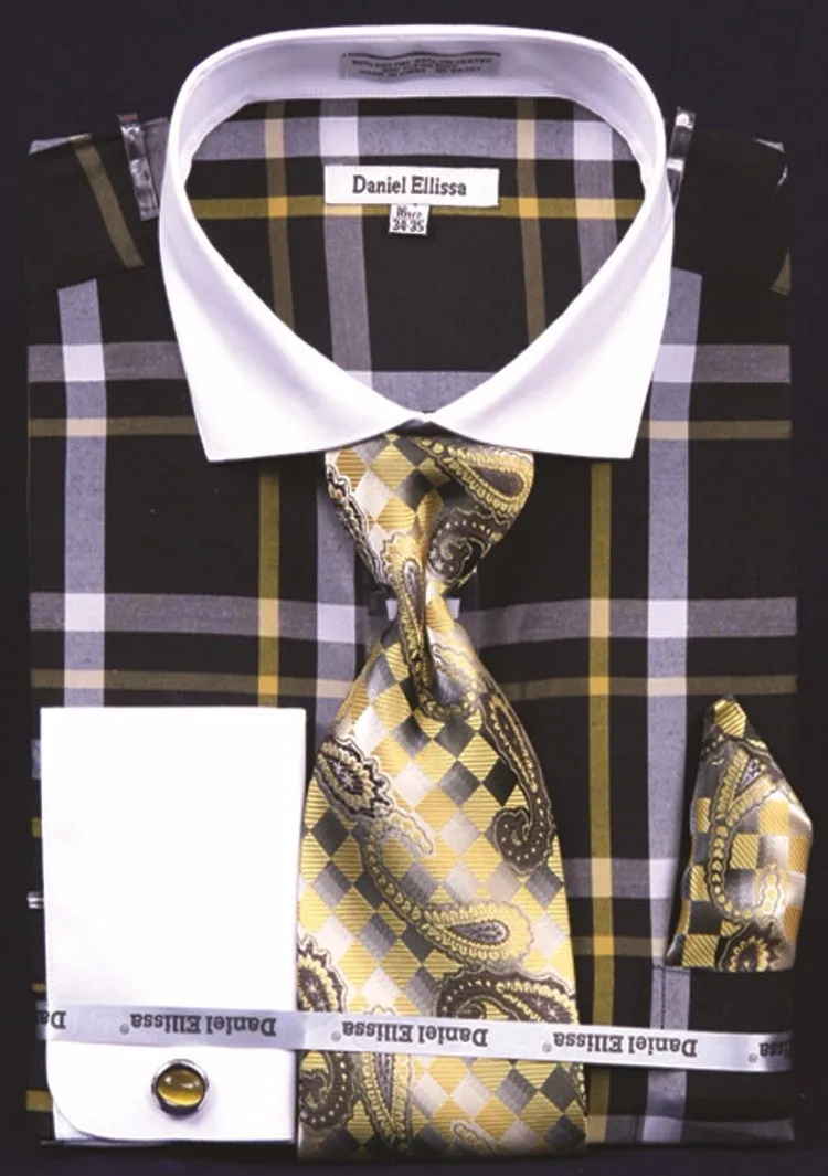 Daniel & Ellisa DS3771P2 Men's Checker Pattern French Cuff Shirts with Cuff Links