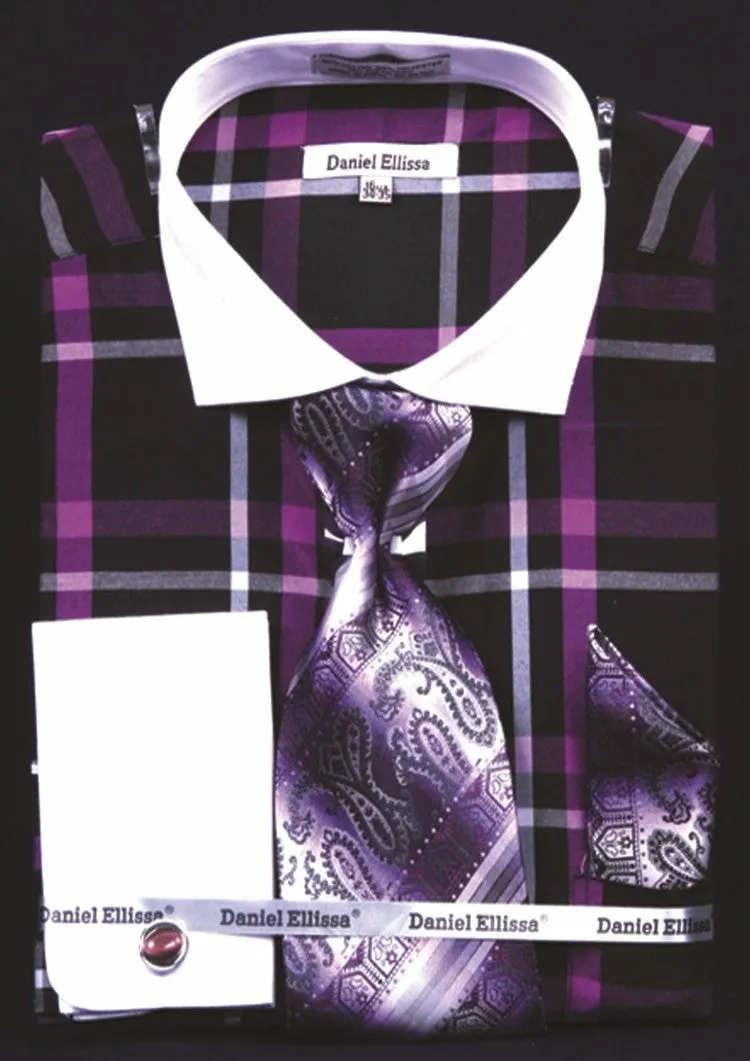 Daniel & Ellisa DS3771P2 Men's Checker Pattern French Cuff Shirts with Cuff Links