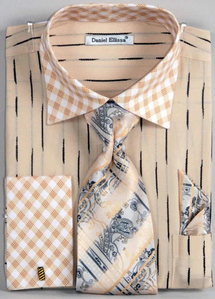 Daniel & Ellisa DS3777P2 Men's Checker Pattern Two Tone French Cuff Shirts with Cuff Links