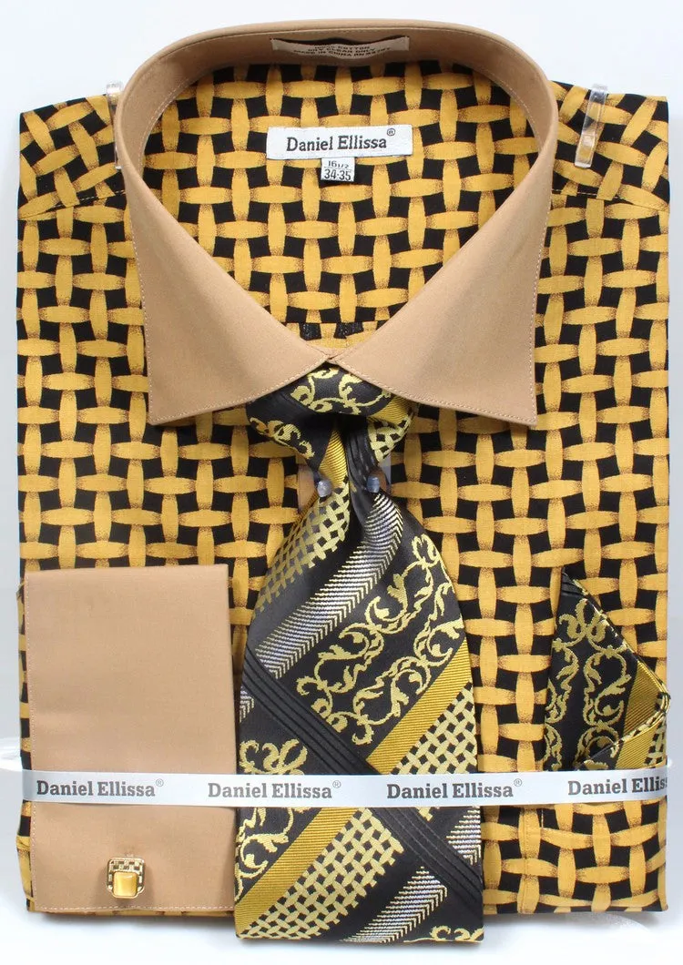 Daniel & Ellisa DS3782P2 Men's Checker Pattern French Cuff Shirts with Cuff Links