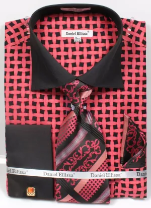 Daniel & Ellisa DS3782P2 Men's Checker Pattern French Cuff Shirts with Cuff Links