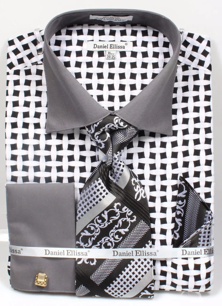 Daniel & Ellisa DS3782P2 Men's Checker Pattern French Cuff Shirts with Cuff Links