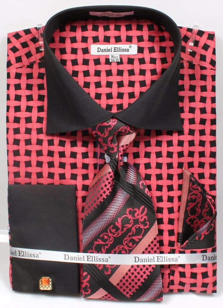 Daniel & Ellisa DS3782P2 Men's Checker Pattern French Cuff Shirts with Cuff Links