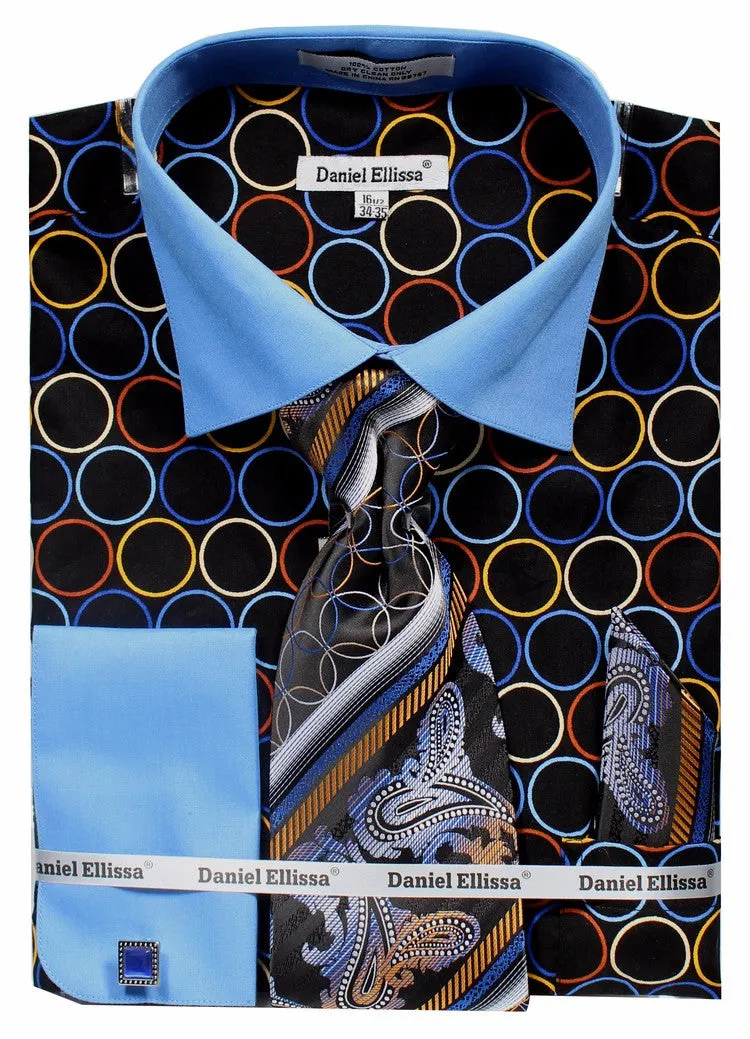 Daniel & Ellisa DS3784P2 Men's Circle Printed Tone on Tone Collar French Cuff Shirts with Cuff Links