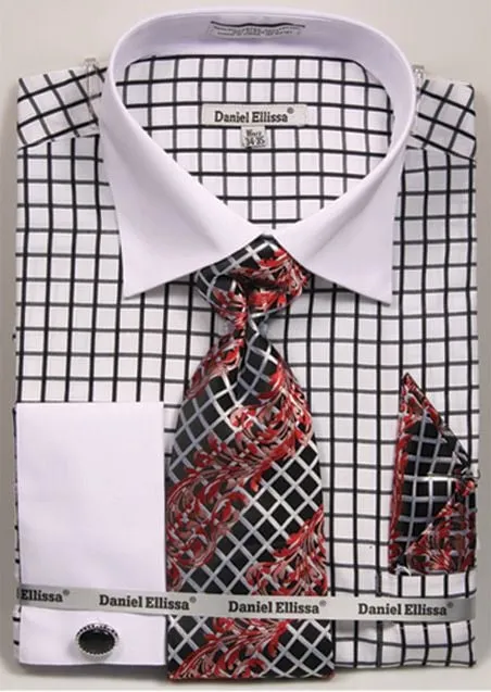 Daniel Ellissa Men's French Cuff Shirt Set - Two Tone Checker | DS3789P2 Black