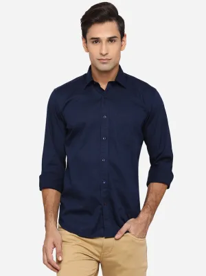 Dark Blue Solid Slim Fit Casual Shirt | JadeBlue