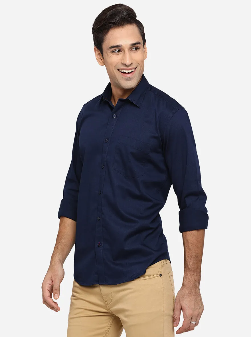 Dark Blue Solid Slim Fit Casual Shirt | JadeBlue