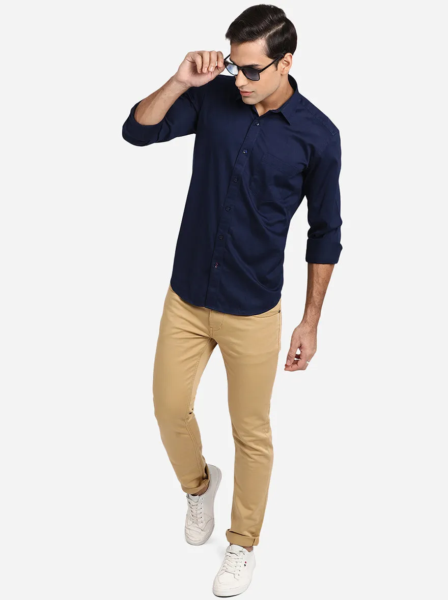 Dark Blue Solid Slim Fit Casual Shirt | JadeBlue