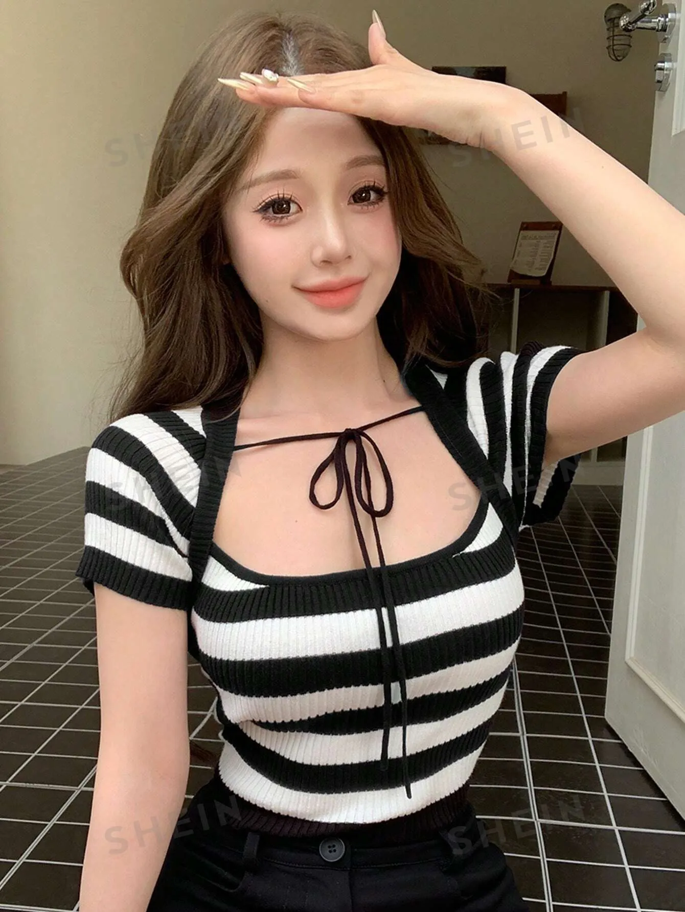 DAZY Women Striped Short Sleeve Knitted Top