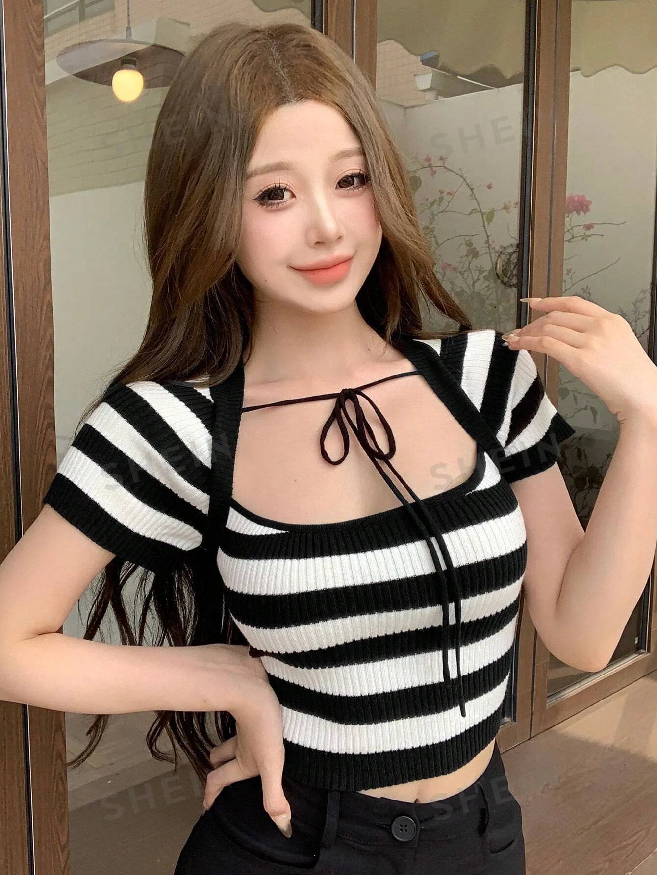 DAZY Women Striped Short Sleeve Knitted Top