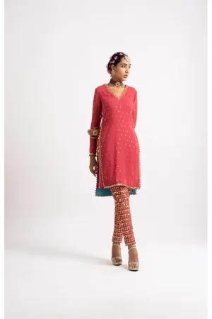 Deep Coral V Neck Heavy Pant Kurta Set
