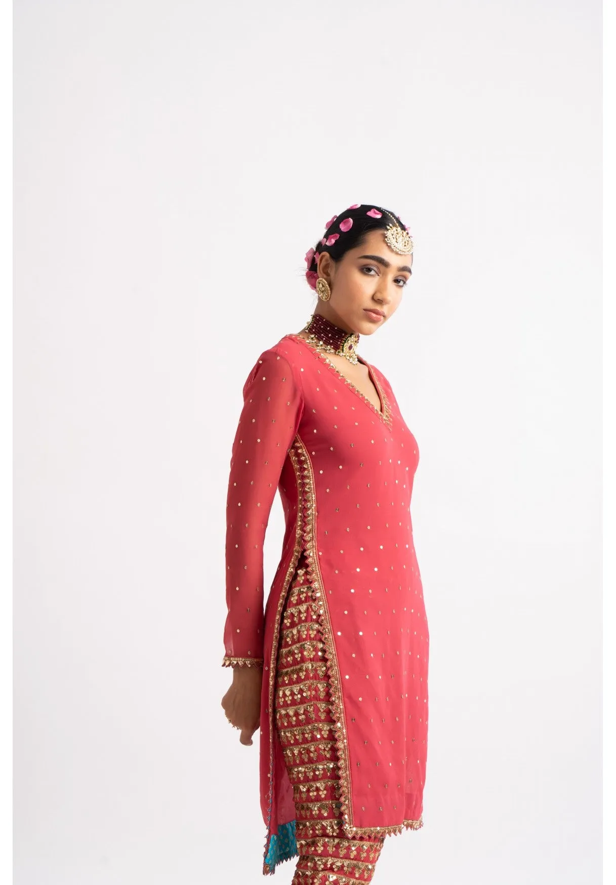 Deep Coral V Neck Heavy Pant Kurta Set