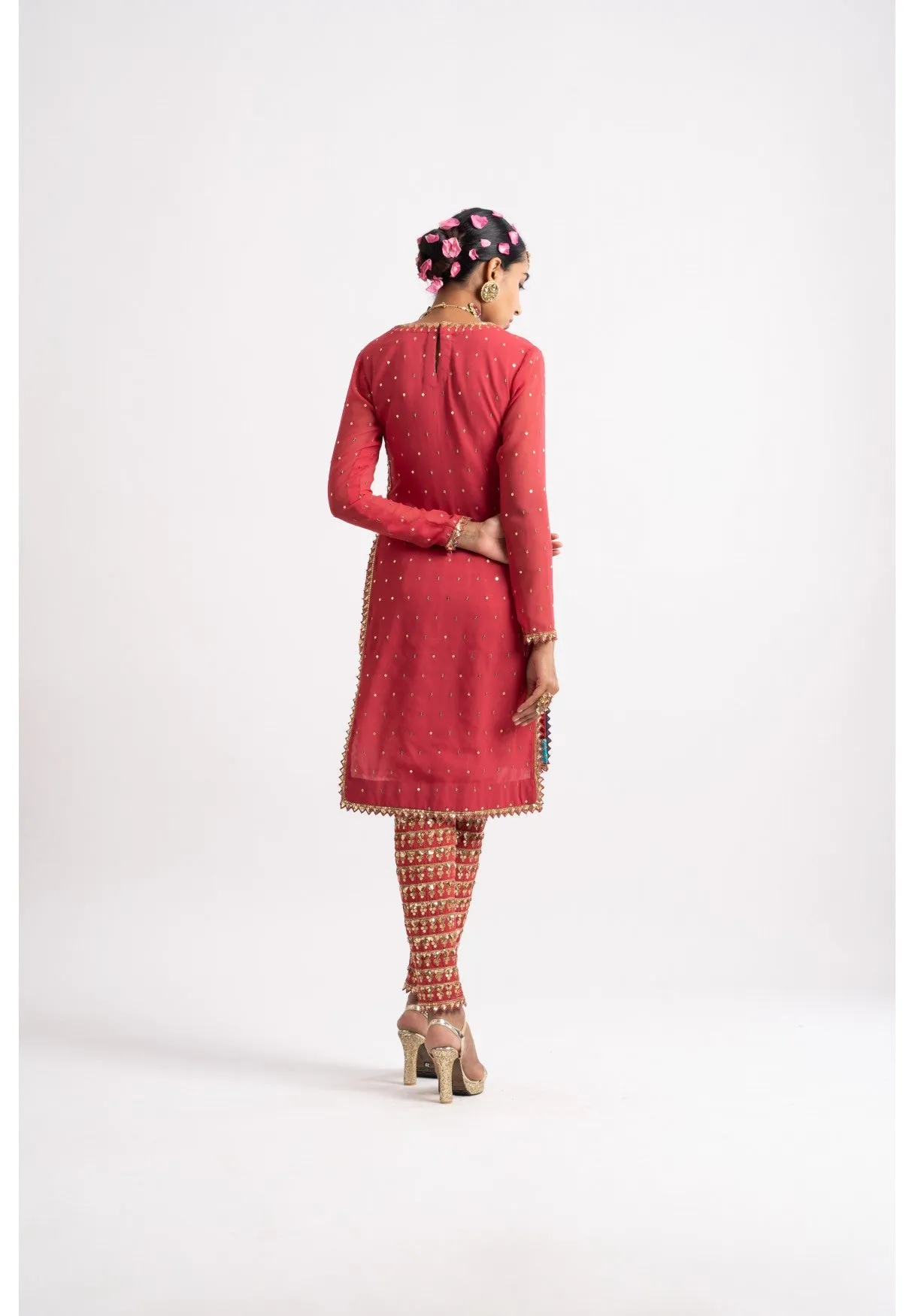 Deep Coral V Neck Heavy Pant Kurta Set