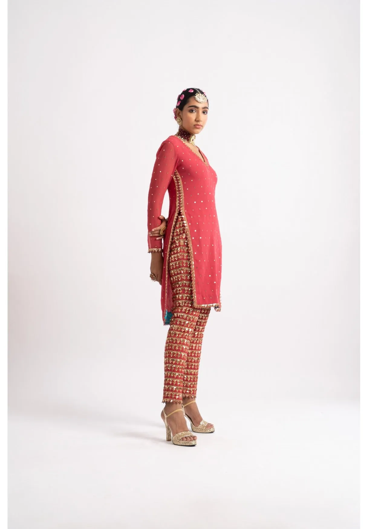 Deep Coral V Neck Heavy Pant Kurta Set