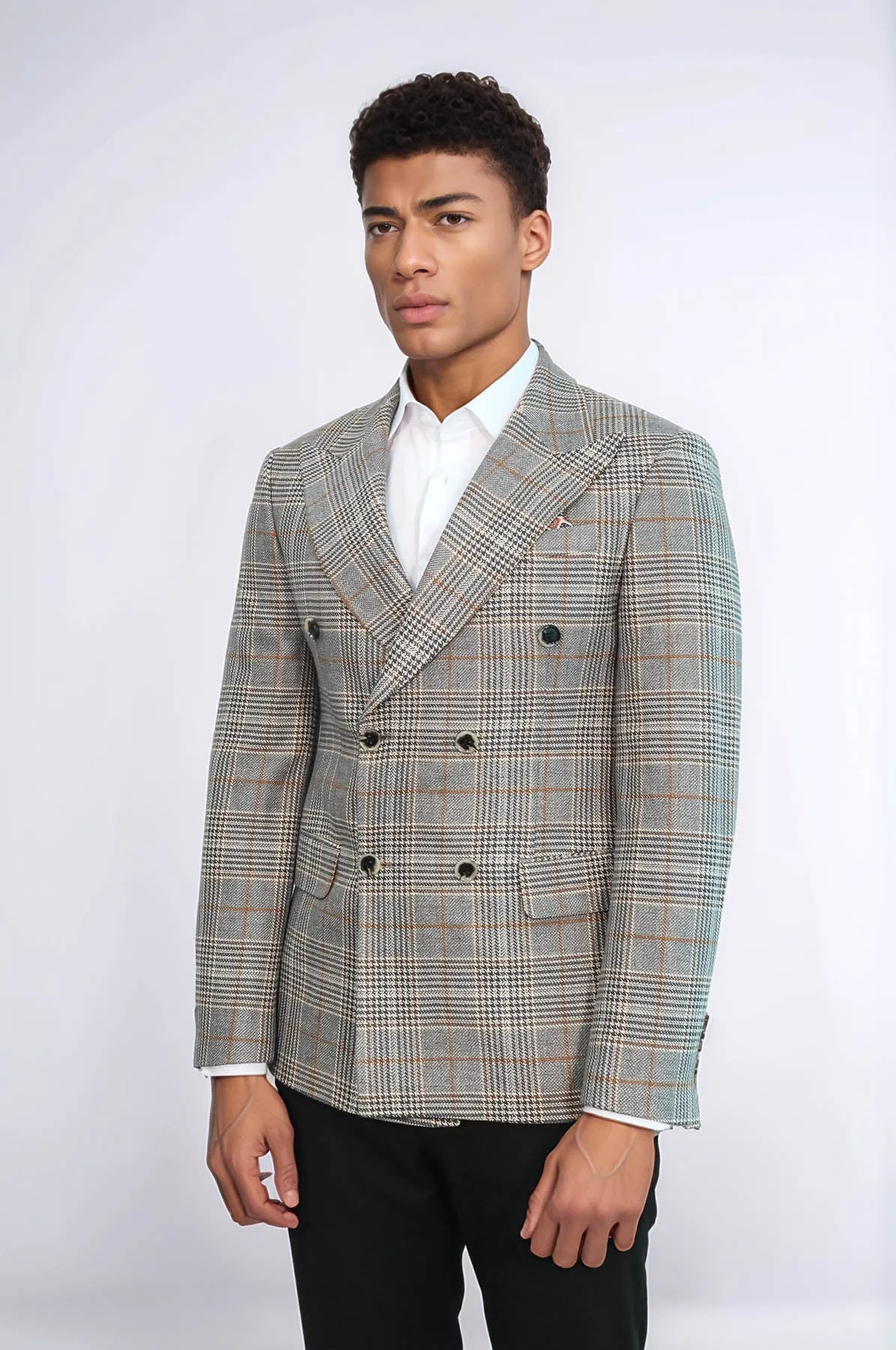 Double Breasted Checked Anthracite Men Blazer - Wessi