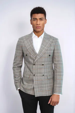 Double Breasted Checked Anthracite Men Blazer - Wessi