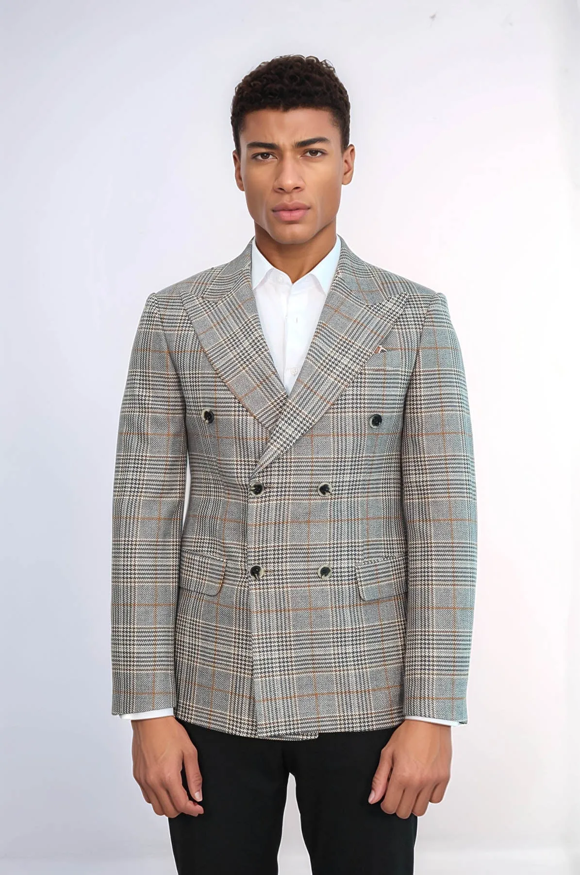 Double Breasted Checked Anthracite Men Blazer - Wessi