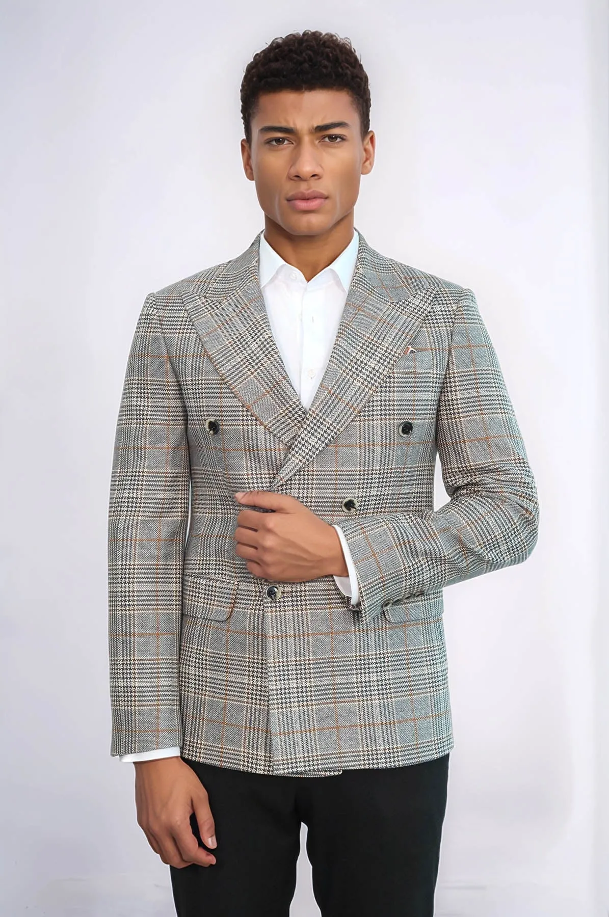 Double Breasted Checked Anthracite Men Blazer - Wessi