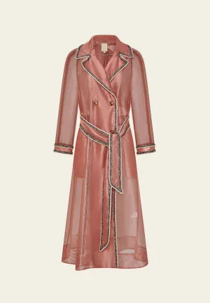 Double-breasted Organza Belted Long Blazer