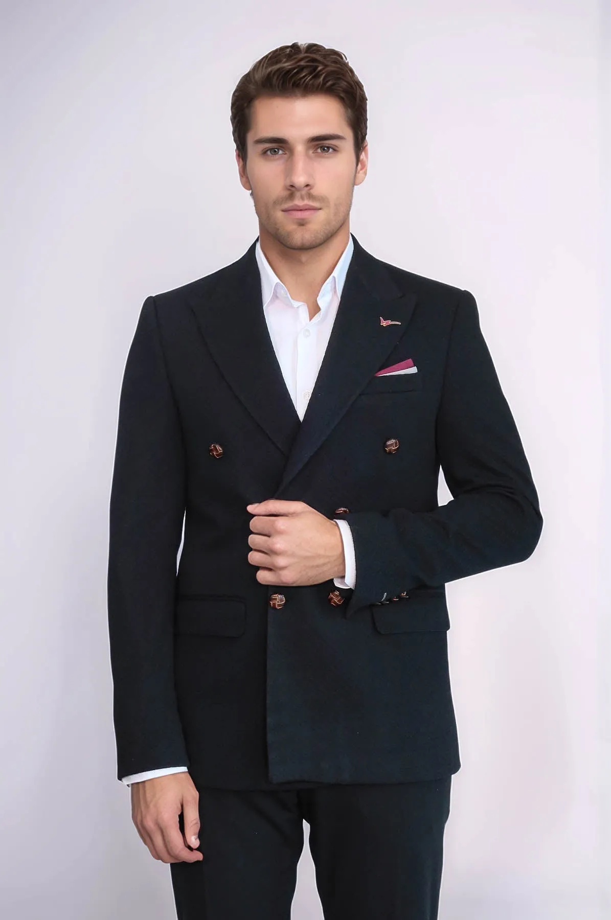 Double Breasted Slim Fit Black Blazer - Wessi