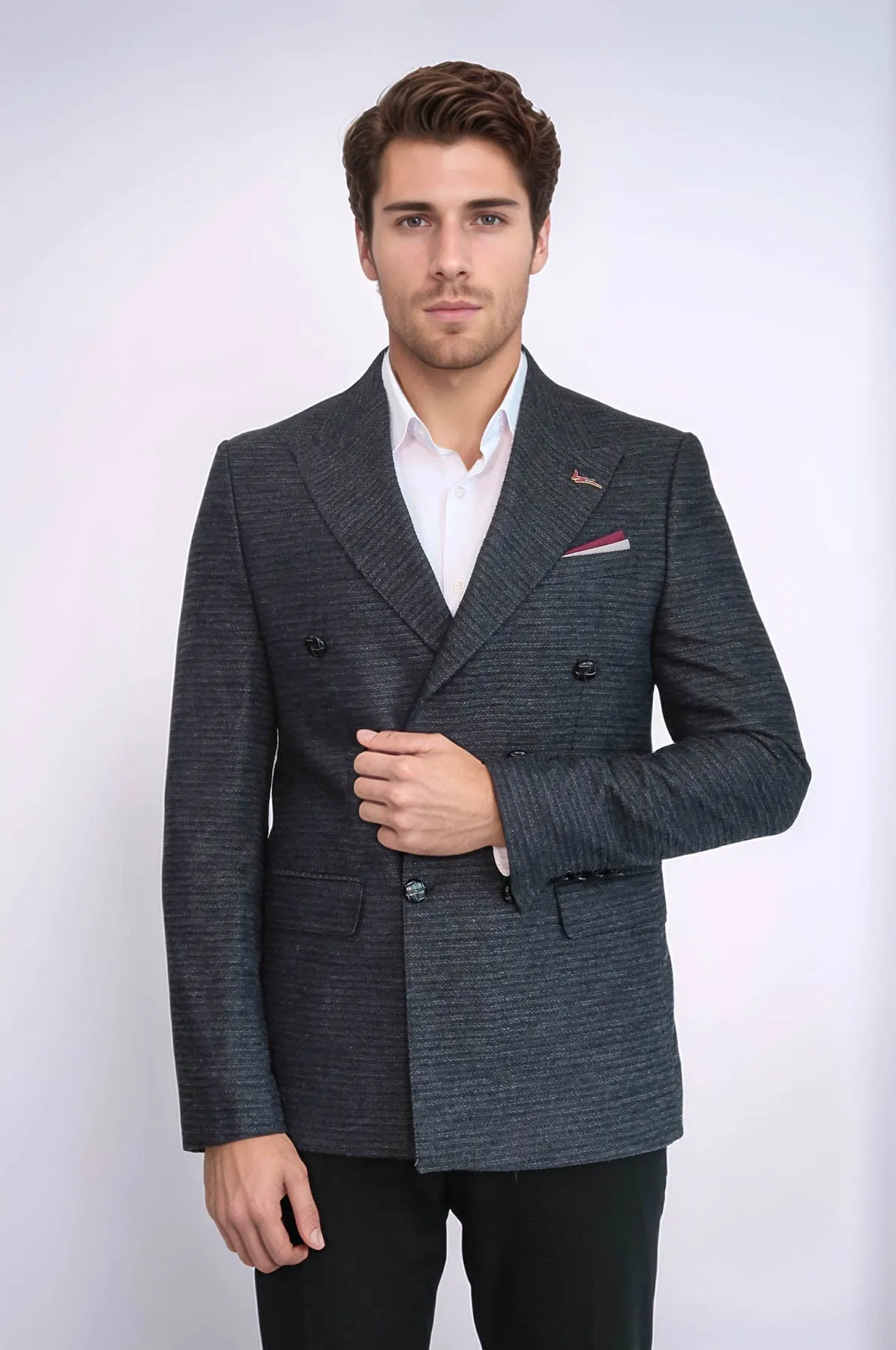 Double Breasted Slim Fit Navy Blue Blazer - Wessi