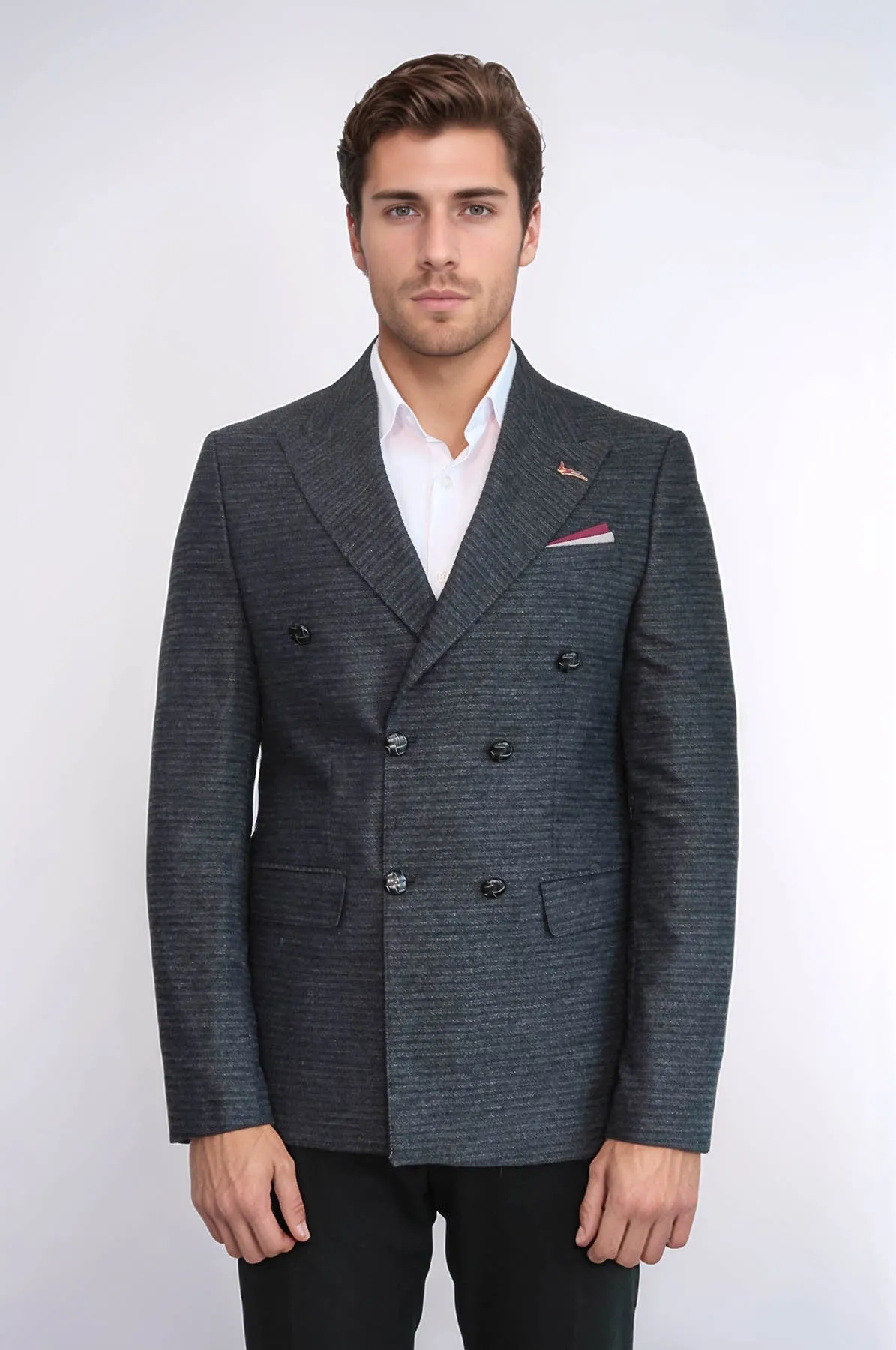 Double Breasted Slim Fit Navy Blue Blazer - Wessi