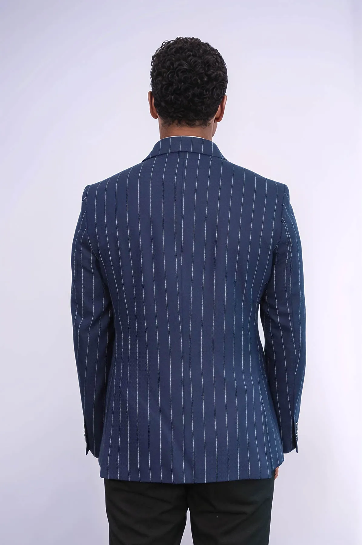 Double Breasted Slim Fit Striped Navy Blue Men Blazer - Wessi