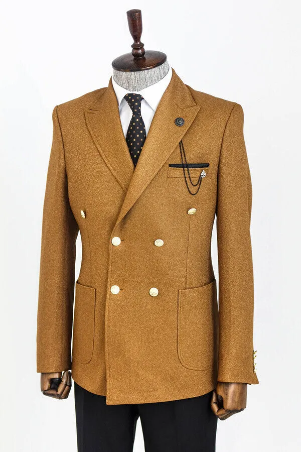 Double Breasted Slim Fit Tawny Men Blazer - Wessi