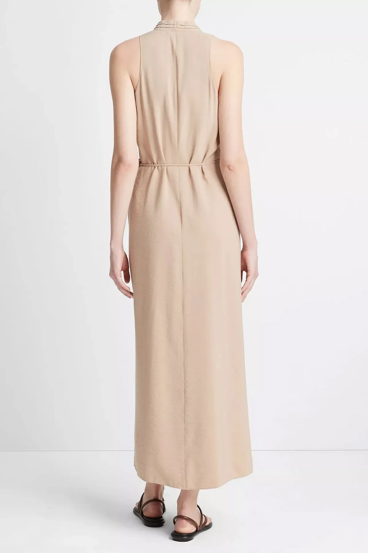 Draped-Neck Wrap Dress in Pale Wheat