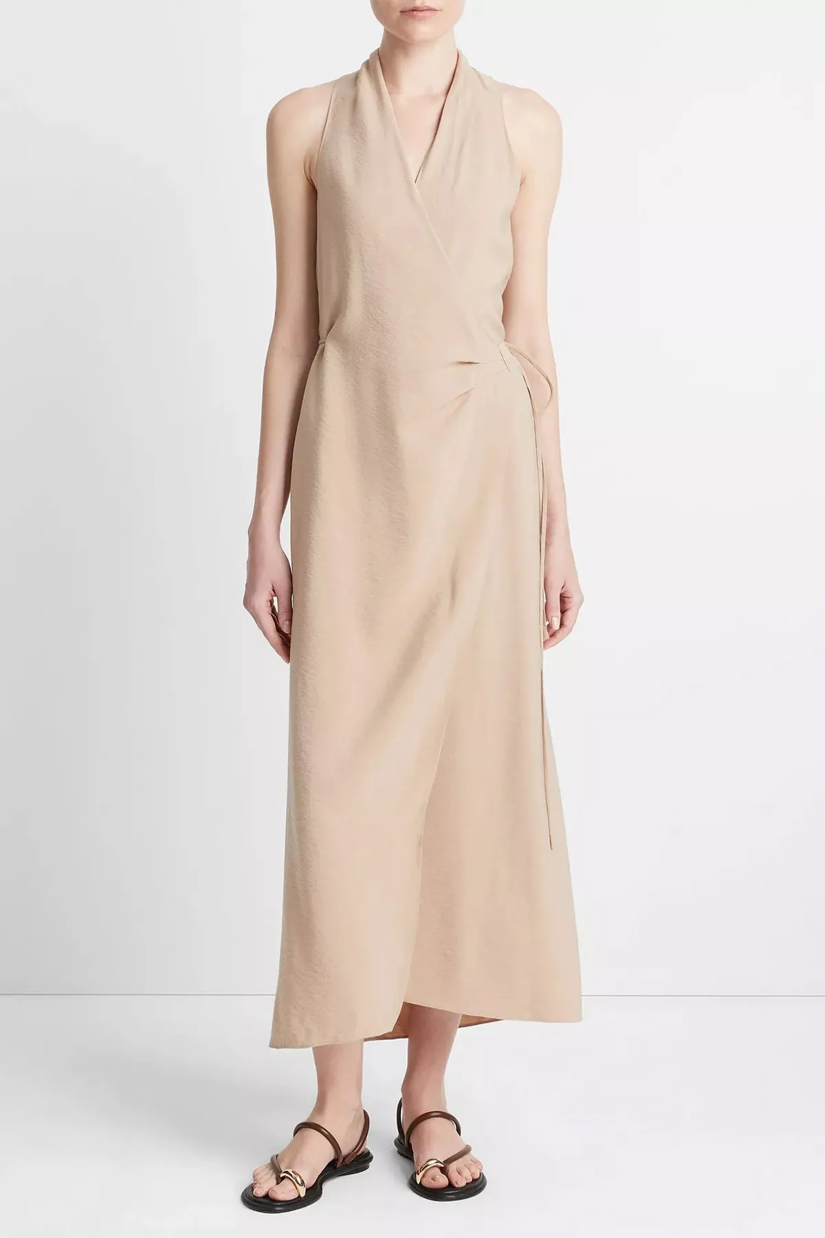 Draped-Neck Wrap Dress in Pale Wheat