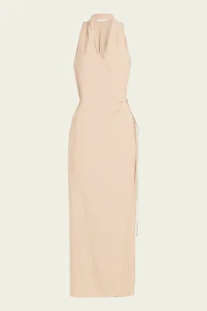Draped-Neck Wrap Dress in Pale Wheat