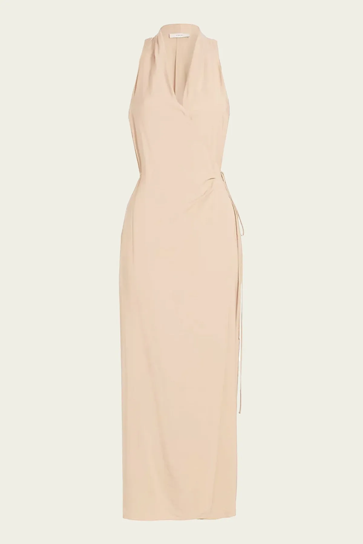 Draped-Neck Wrap Dress in Pale Wheat