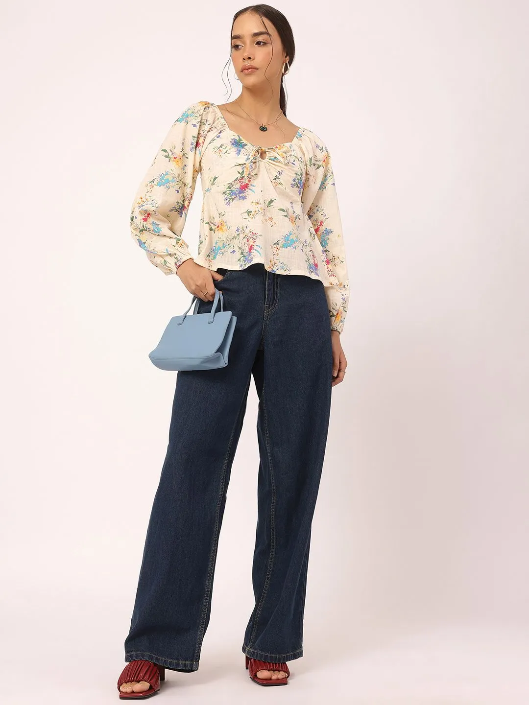 DressBerry Delicate Florals Puff Sleeves Top