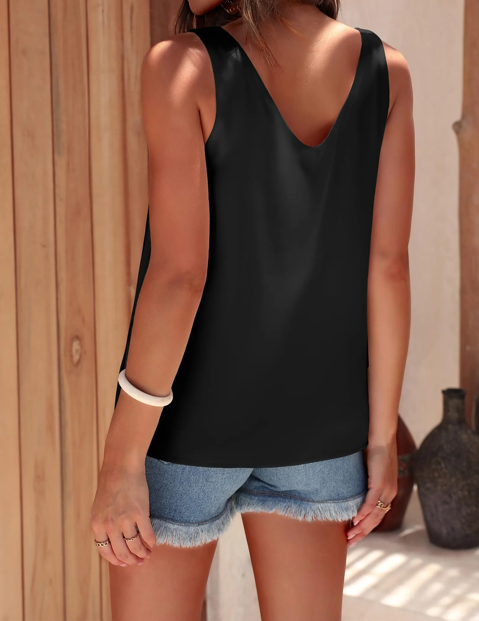 Ekouaer Women's Casual V Neck Sleeveless Tank Tops Silk Cami Basic Camisole Tank Blouses Summer Shirt Black