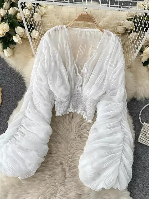 Elegant Chiffon V-neck Puff Long Sleeve Short Tops