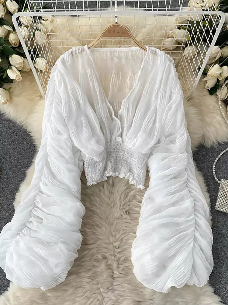 Elegant Chiffon V-neck Puff Long Sleeve Short Tops