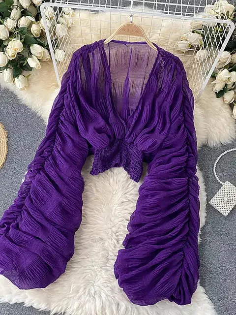 Elegant Chiffon V-neck Puff Long Sleeve Short Tops