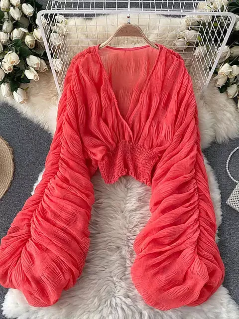 Elegant Chiffon V-neck Puff Long Sleeve Short Tops