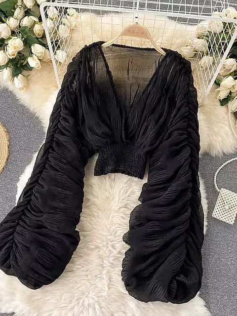 Elegant Chiffon V-neck Puff Long Sleeve Short Tops