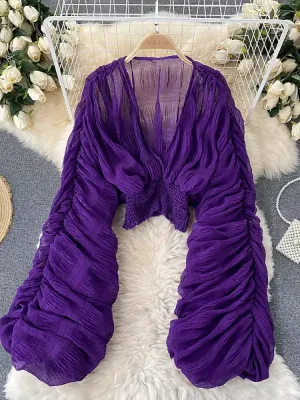 Elegant Chiffon V-neck Puff Long Sleeve Short Tops