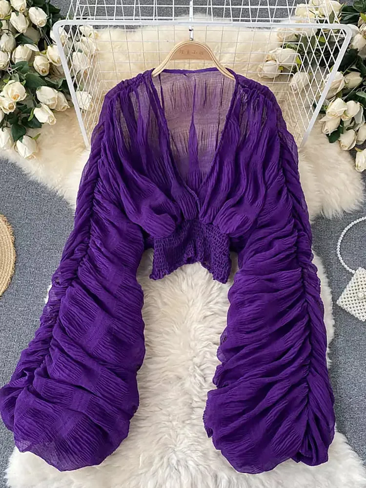 Elegant Chiffon V-neck Puff Long Sleeve Short Tops