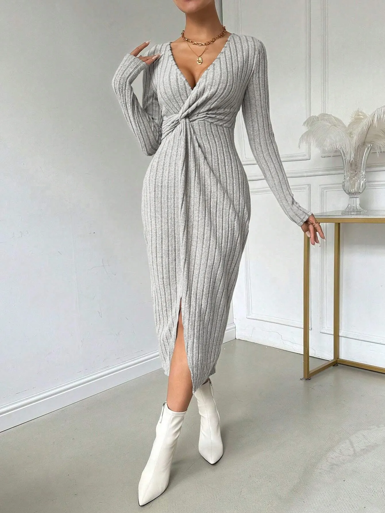 Elegant High Waist Slit Midi Dresses Wholesale Womens Clothing N3824110900027