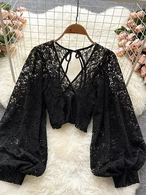 Elegant V-neck Puff Long Sleeve Open Back Lace Short Tops