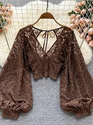 Elegant V-neck Puff Long Sleeve Open Back Lace Short Tops