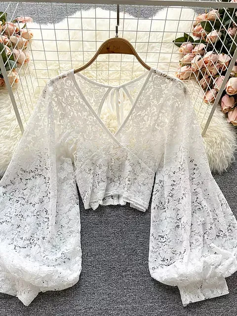 Elegant V-neck Puff Long Sleeve Open Back Lace Short Tops