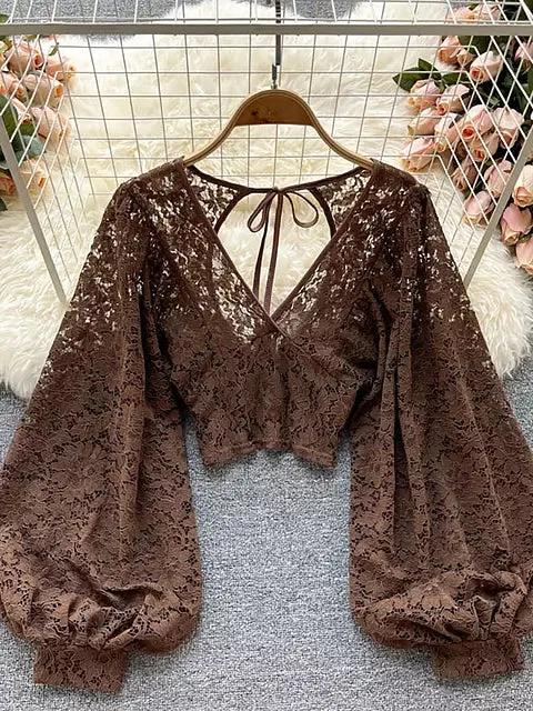 Elegant V-neck Puff Long Sleeve Open Back Lace Short Tops