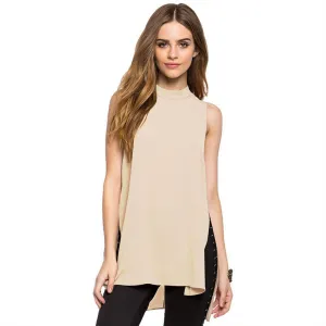 Elegant Women Fashion Style Brief Top Stand-Up Collar Sleeveless Asymmetrical Chiffon Split Cotton Beautiful Tank Tops for Women