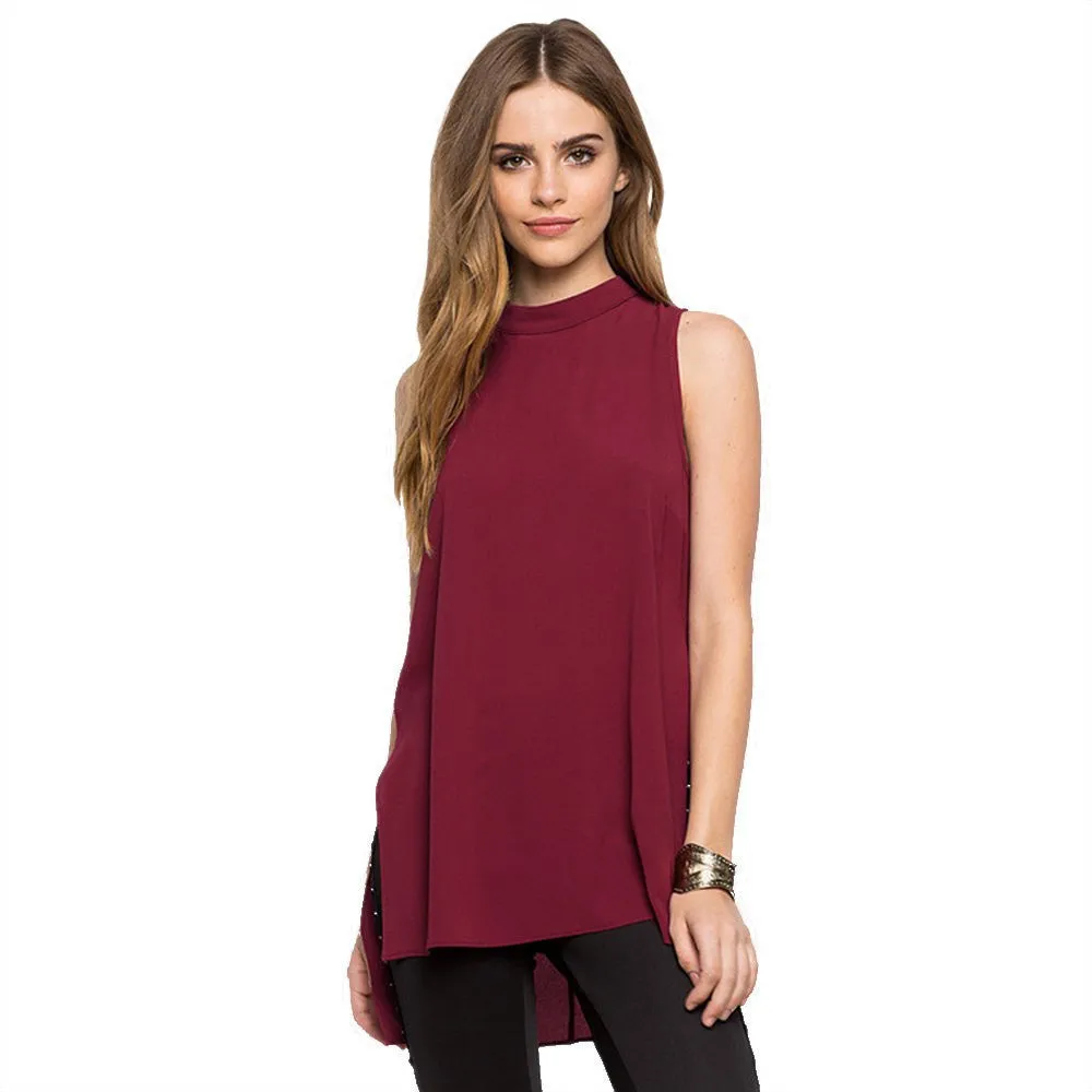 Elegant Women Fashion Style Brief Top Stand-Up Collar Sleeveless Asymmetrical Chiffon Split Cotton Beautiful Tank Tops for Women