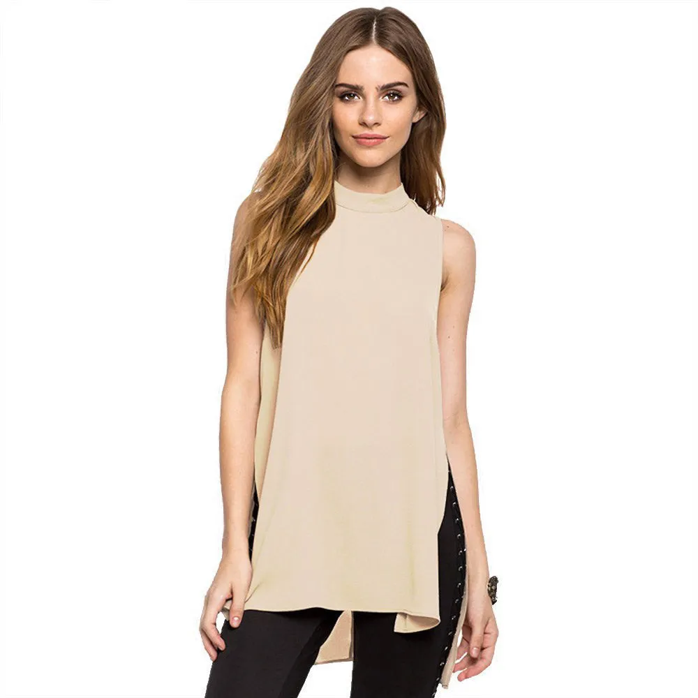 Elegant Women Fashion Style Brief Top Stand-Up Collar Sleeveless Asymmetrical Chiffon Split Cotton Beautiful Tank Tops for Women