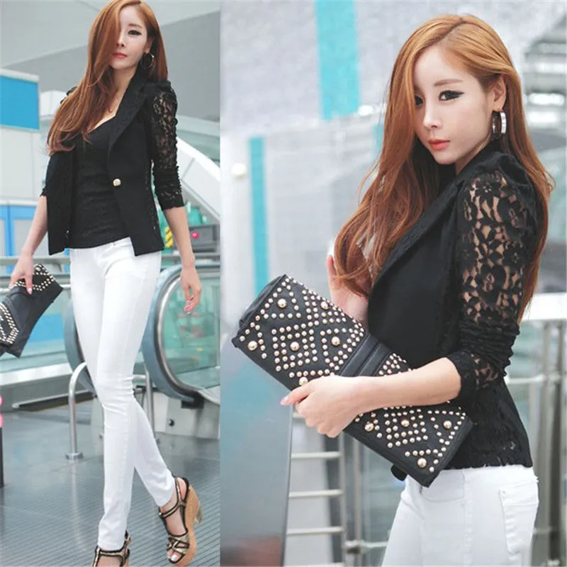 Elegant Women Slim Suit Blazer Coat Lace Crochet Jacket Cardigan Blouse Outwear